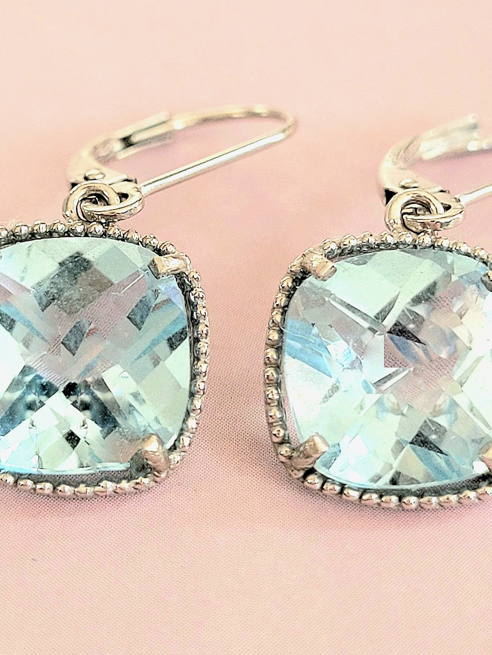 Timeless 10K White Gold Blue Topas Cushion Dangling Huggie Earrings